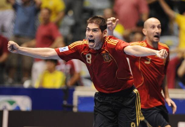 Kike (Spanien) - Torjubel - Fußball WM Herren Futsal WM 2008, Halle, Hallenfußball, Indoor, Länderspiel, Nationalteam, Nationaltrikot, Vdig Einzelbild Rio de Janeiro Freude, Begeisterung,