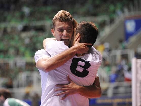 Morgado (li.) und Saad Assis (beide Italien) - Torjubel - Fußball WM Herren Futsal WM 2008, Halle, Hallenfußball, Indoor, Länderspiel, Spiel um Platz 3, Nationalteam Gruppe Rio de Janeiro Freude, Begeisterung,