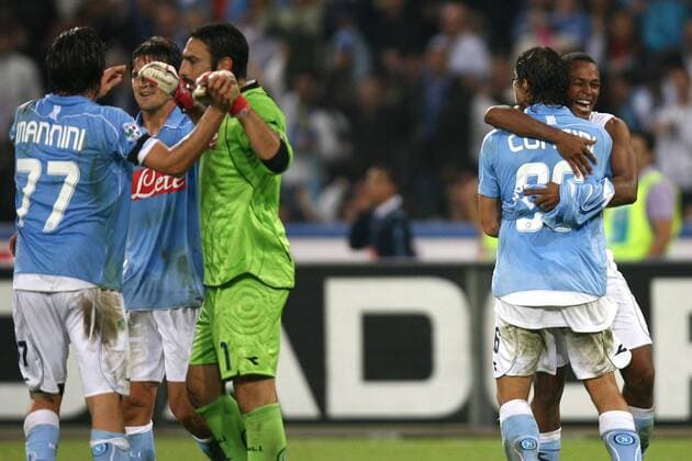 Schlussjubel Neapel -  Fußball Herren Serie A 2008 2009, 1. Italienische Liga, SSC Napoli Gruppe Neapel Freude,