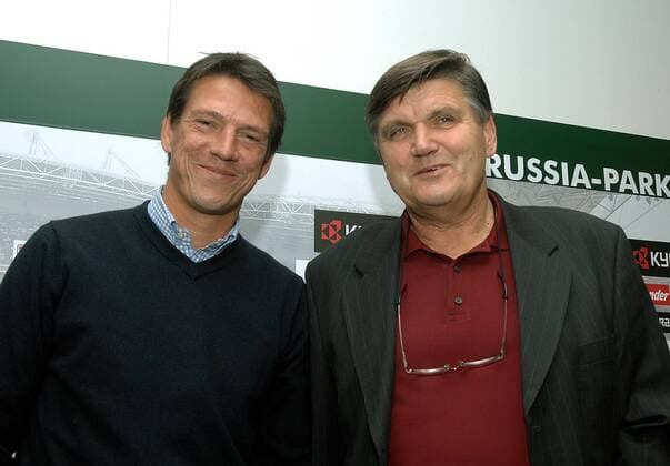 Trainer Hans Meyer (re.) und Co Trainer Christian Ziege bilden das neue Gladbacher Trainergespann Fußball 1. BL Herren Saison 2008 2009, Borussia Mönchengladbach, Pressekonferenz, Pressetermin, Präsentation Gruppe Mönchengladbach