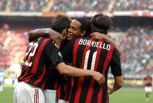 Ronaldinho (Mitte), Kaka (li.) und Marco Borriello (alle AC Mailand) - Torjubel - Fußball Herren Serie A 2008 2009, 1. Italienische Liga, Milan Gruppe Mailand Freude,