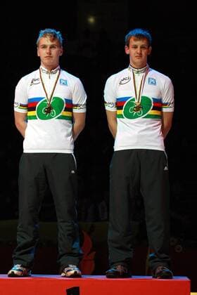 Viktor Volk und Manuel Hubert (beide Deutschland) - Weltmeister im Zweier 2008 Radsport Herren WM 2008, Kunstradfahren, Kunstrad, Kunstradsport, Rad, Hallenradsport, Halle, Indoor Gruppe 2er, Zweier, 2 er, Dornbirn
