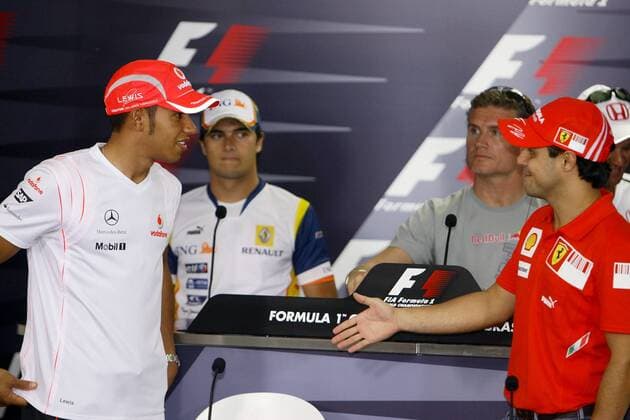 Pressekonferenz, mit Lewis Hamilton (England McLaren Mercedes, li.), Felipe Massa (Ferrari, re.), David Coulthard (Schottland Red Bull, hi.re.) und Nelson Piquet Jr. (beide Brasilien Renault) Motorsport Grand Prix Herren Großer Preis von Brasilien 2008, Formel 1 Weltmeisterschaft, F1, F, GP, WM Gruppe Sao Paulo