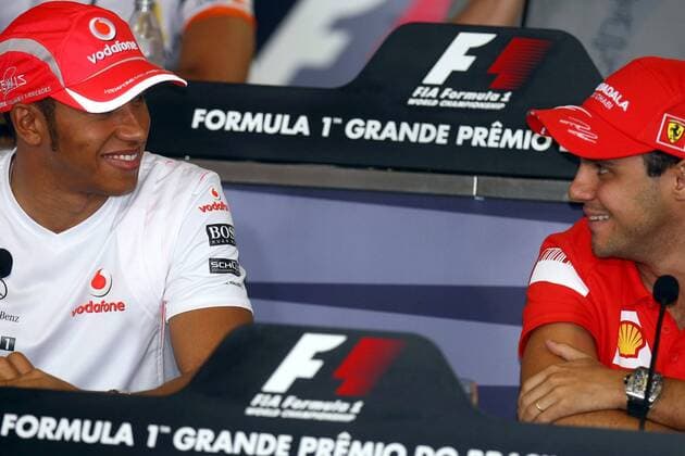 Lewis Hamilton (England McLaren Mercedes, li.) und Felipe Massa (Brasilien Ferrari) - Pressekonferenz Motorsport Grand Prix Herren Großer Preis von Brasilien 2008, Formel 1 Weltmeisterschaft, F1, F, GP, WM Gruppe Sao Paulo Freude,