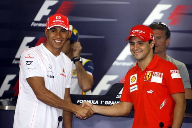 Lewis Hamilton (England McLaren Mercedes, li.) und Felipe Massa (Brasilien Ferrari) - Pressekonferenz Motorsport Grand Prix Herren Großer Preis von Brasilien 2008, Formel 1 Weltmeisterschaft, F1, F, GP, WM Gruppe Sao Paulo