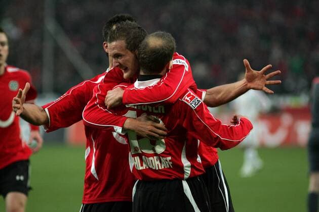 Jan Schlaudraff (vorn) und Konstantin Rausch (beide Hannover) - Torjubel Fußball 1. BL Herren Saison 2008 2009, Hannover 96 Gruppe Hannover Freude, Begeisterung,