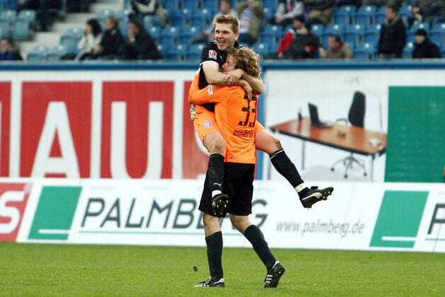 Torwart Stefan Wessels und Thomas Cichon (beide Osnabrück) - Jubel Fußball 2. BL Herren Saison 2008 2009, VfL Osnabrück Gruppe Rostock Freude, Begeisterung,