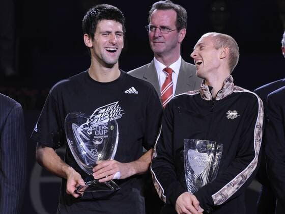 Novak Djokovic (Serbien, li.) gewinnt den ATP Masters Cup 2008 in Shanghai vor Nikolay Davydenko (Russland) Tennis WM Herren ATP Masters Cup 2008, Series, Tour, Finale Gruppe Shanghai Freude,