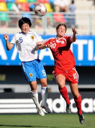 Misaki Kobayashi (Japan U20, li.) gegen Loredana Riverso (Kanada U20) - Fußball WM Damen Frauen U20 WM, U 20, Frauenfußball, Länderspiel, Nationalmannschaft, Nationaltrikot Gruppe o00 2008 Santiago de Chile Dynamik,