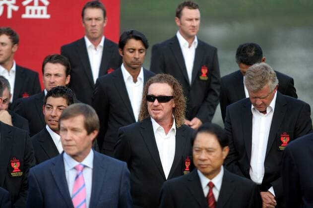 Miguel Angel Jimenez (Spanien, Mitte) und Colin Montgomerie (Schottland, re.) anlässlich eines Pressetermins zum Omega Mission Hills World Cup 2008 -  (IMCpau23316715) Golf WM Herren Omega Mission Hills World Cup 2008, Präsentation, Pressetermin, Gruppe Shenzhen