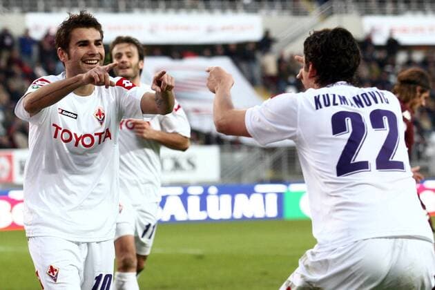 Adrian Mutu (li.) und Zdravko Kuzmanovic (beide AC Florenz) - Torjubel -  Fußball Herren Serie A 2008 2009, 1. Italienische Liga, ACF Fiorentina Gruppe Turin Freude,