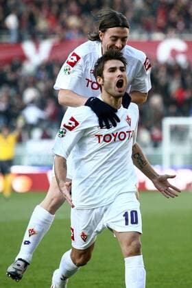 Adrian Mutu (vorn) und Riccardo Montolivo (beide AC Florenz) - Torjubel -  Fußball Herren Serie A 2008 2009, 1. Italienische Liga, ACF Fiorentina Gruppe Turin Freude,