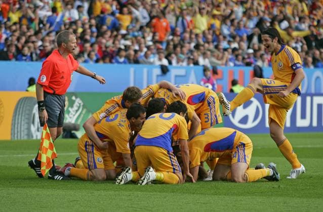 Torjubel Rumänien Fußball EM Herren Euro 2008, Länderspiel, Nationalteam, Nationaltrikot Gruppe Zürich Freude, Begeisterung,