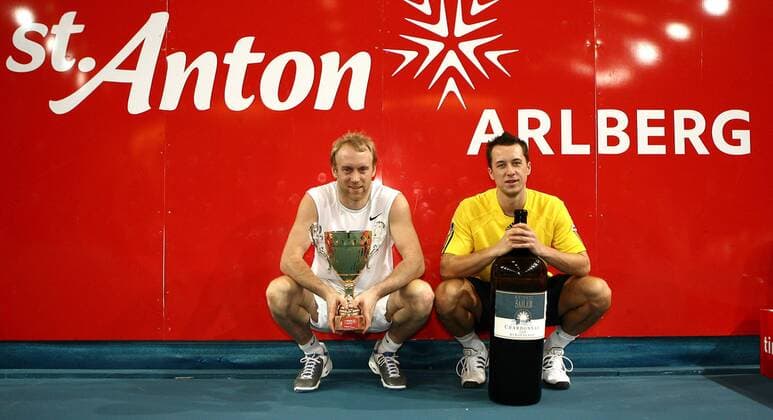 Sieger Philipp Kohlschreiber (Deutschland, re.) und Stefan Koubek (Österreich) bei der Siegerehrung der Tennis Trophy 2008 -  Tennis Herren Tennis Trophy 2008, ATP Tour Gruppe St. Anton Sankt Freude,