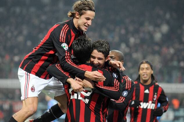 Torjubel AC Mailand, v.li.: Luca Antonini, Kaka und Alexandre Pato - Fußball Herren Serie A 2008 2009, 1. Italienische Liga, AC Milan Gruppe Mailand Freude,