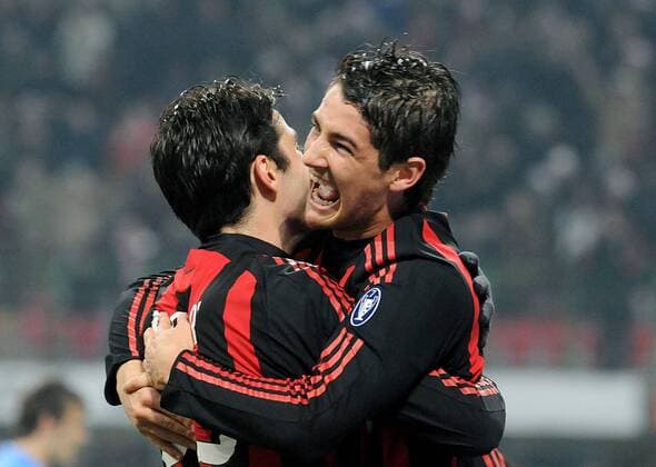 Kaka (li.) und Alexandre Pato (beide AC Mailand) - Torjubel - Fußball Herren Serie A 2008 2009, 1. Italienische Liga, AC Milan Gruppe Mailand Freude, Begeisterung,