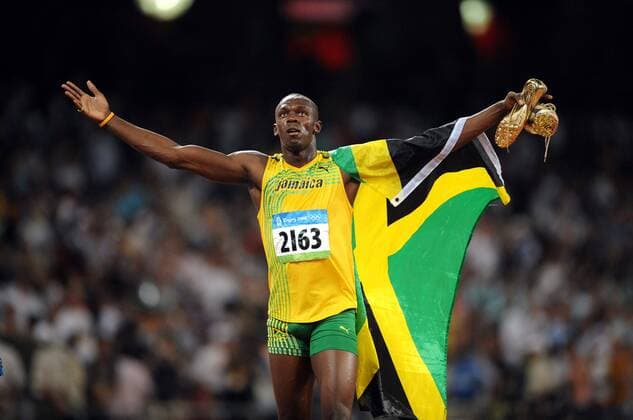 Usain Bolt (Jamaika) - Olympiasieger über 100m -  (pan27430) Leichtathletik OS Sommer Herren Olympische Spiele Peking 2008, Sommerspiele, 100m Einzelbild Peking Freude,