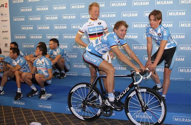Gerald Ciolek (vorn), Linus Gerdemann (re.) und Fabian Wegmann (alle Deutschland Milram) - Präsentation 2009 Radsport Herren Präsentation 2009, Pressetermin, Straßenradsport, Straße, Rad, Gruppe Dortmund