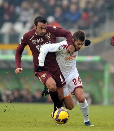Simone Barone (FC Turin, li.) gegen Jeremy Menez (AS Rom) -  Fußball Herren Serie A 2008 2009, 1. Italienische Liga, Torino FC - AS Rom 0:1, Roma Gruppe Turin Dynamik,