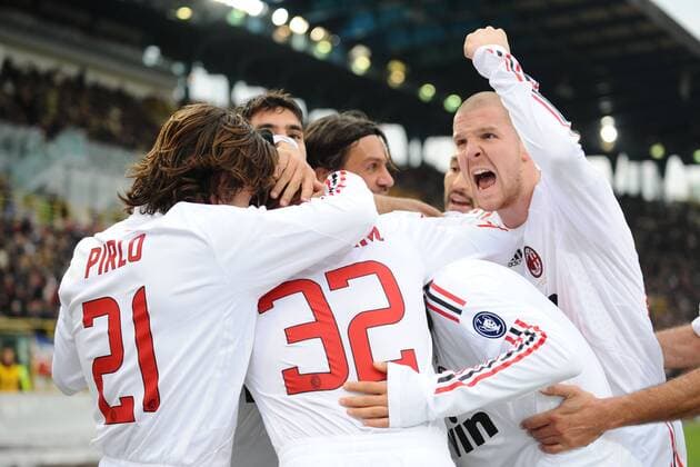 Torjubel AC Mailand, u.a. Phillipe Senderos (re.) -  Fußball Herren Serie A 2008 2009, 1. Liga, AC Mailand, Milan Gruppe Bologna Freude, Begeisterung,