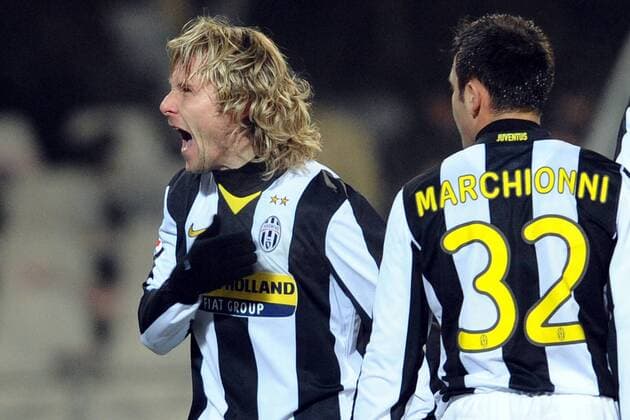 Pavel Nedved (li.) und Marco Marchionni (beide Juventus Turin) - Torjubel -  Fußball Herren Serie A 2008 2009, 1. Italienische Liga, Juve Gruppe Turin Freude, Begeisterung,