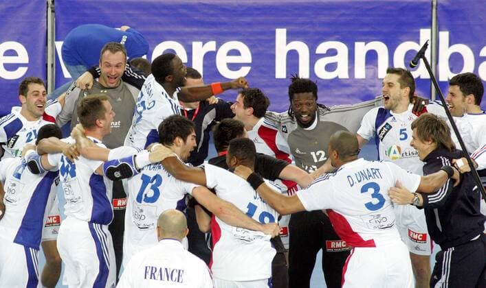 Frankreich ist Weltmeister 2009 -  Handball Länderspiel Herren WM 2009, Finale, Nationalteam, Nationaltrikot Totale Zagreb Begeisterung, Freude,