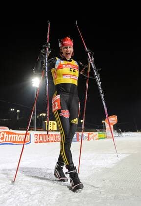 Kati Wilhelm (Deutschland) - Weltmeisterin über 15km bei der WM in Pyeongchang 2009 Biathlon WM Damen WM 2009, 15km, Einzelbild Pyeongchang Freude,