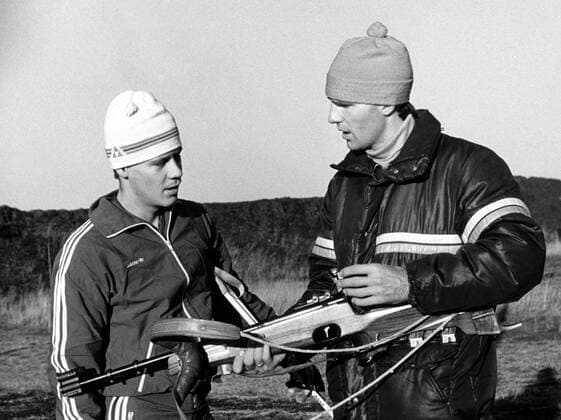 Frank Peter Roetsch (li.) und Trainer Frank Ullrich (beide DDR) Biathlon Herren 1987, Training, Sommer, Sommertraining Gruppe Aufnahmedatum geschätzt Oberhof