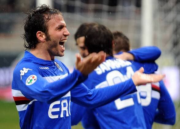 Giampaolo Pazzini (Sampdoria Genua, vorn) - Torjubel -  Fußball Herren Serie A 2008 2009, 1. Italienische Liga, Sampdoria Genua Gruppe Genua Begeisterung, Freude,
