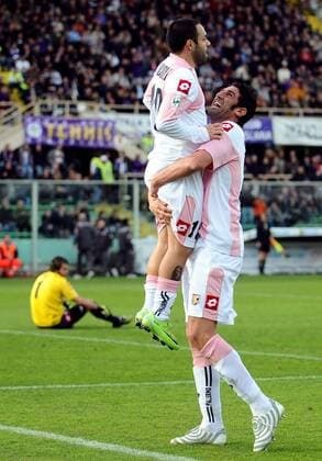 Fabrizio Miccoli (li.) und Morris Carrozzieri (beide Palermo) - Torjubel -  Fußball Herren Serie A 2008 2009, 1. Italienische Liga, US Palermo Gruppe Florenz Freude,