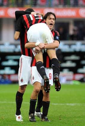 Filippo Inzaghi (re.) und Gianluca Zambrotta (beide AC Mailand) - Torjubel - Fußball Herren Serie A 2008 2009, 1. Italienische Liga, AC Milan Gruppe Mailand Freude,