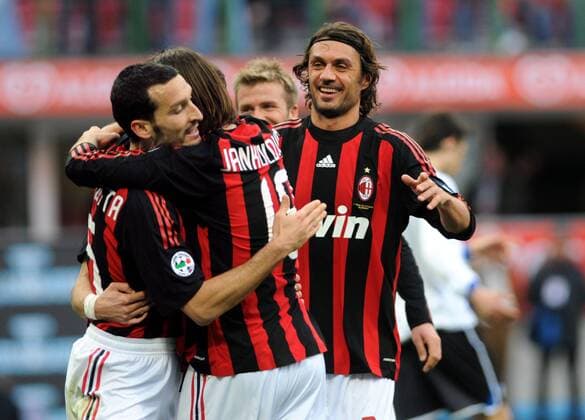 Torjubel AC Mailand, v.li.: Gianluca Zambrotta, Marek Jankulovski und Paolo Maldini - Fußball Herren Serie A 2008 2009, 1. Italienische Liga, AC Milan Gruppe Mailand Freude,