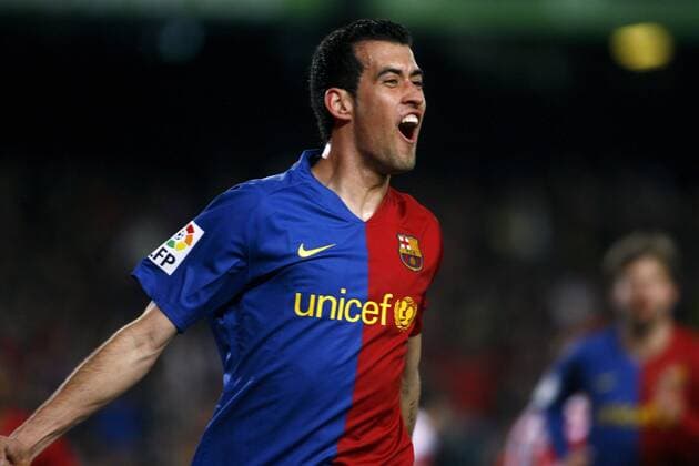 Sergio Busquets (FC Barcelona) jubelt -  - NOxONLINExUSE Fußball Herren Primera Division 2008 2009, 1. Spanische Liga, Barca Einzelbild Barcelona Begeisterung, Freude,