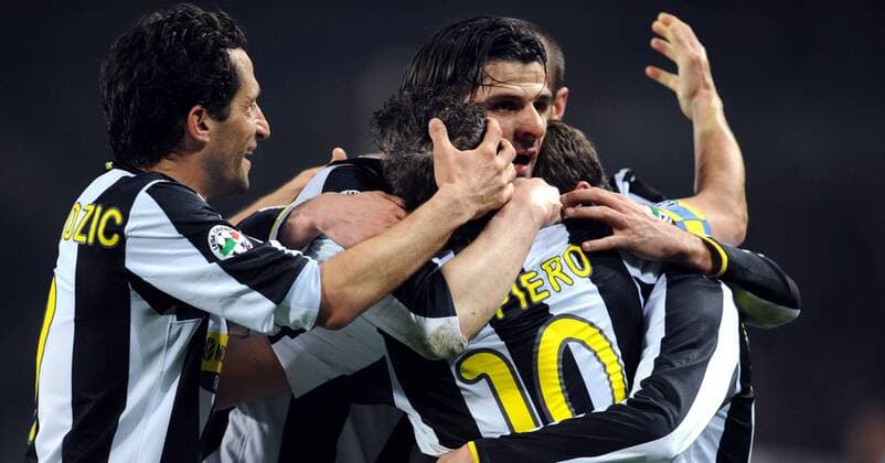 Torjubel Juventus Turin, v. re.: Vincenzo Iaquinta, Alessandro Del Piero und Hasan Salihamidzic -  Fußball Herren Serie A 2008 2009, 1. Italienische Liga, Juventus Turin, Juve Gruppe Turin Freude,