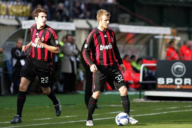 David Beckham (re.) und Kaka (beide AC Mailand) - Fußball Herren Serie A 2008 2009, 1. Liga, Milan Gruppe Siena
