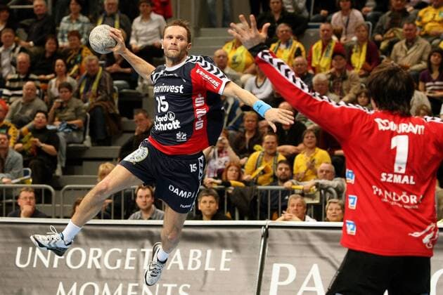 Lars Christiansen (Flensburg) gegen Torwart Szmal (Rhein Neckar Löwen) Handball 1. BL Herren Saison 2008 2009, Rhein Neckar Löwen - SG Flensburg Handewitt 39:30, Kronau Östringen Gruppe Mannheim Dynamik,