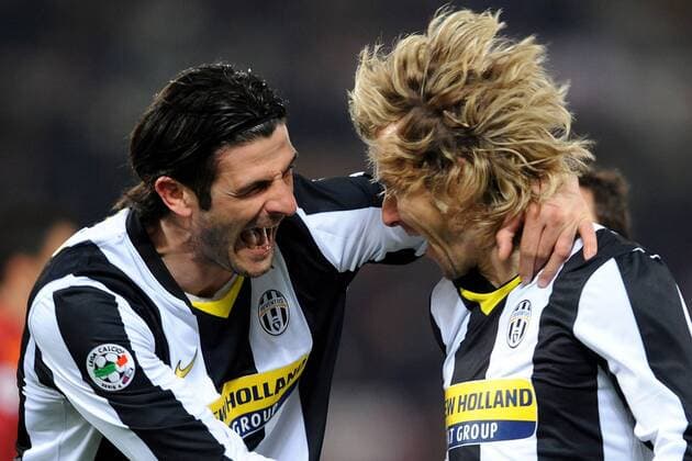 Vincenzo Iaquinta (li.) und Pavel Nedved (beide Juventus Turin) - Torjubel -  Fußball Herren Serie A 2008 2009, 1. Italienische Liga, Juventus Turin, Juve Gruppe Rom Freude,