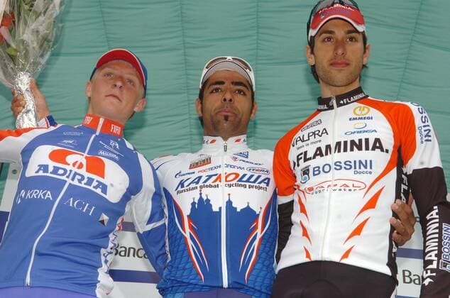 Danilo Napolitano (Italien Katusha, Mitte) gewinnt die 1. Etappe der Settimana Internazionale Coppi e Bartali 2009 vor Marko Kump (Slowenien Adria Mobil, li.) und Enrico Rossi (Italien Ceramica Flaminia Bossini Docce) -  Radsport Herren Settimana Internazionale Coppi e Bartali 2009, Straßenradsport, Straße, Rad Gruppe 1. Etappe: Riccione