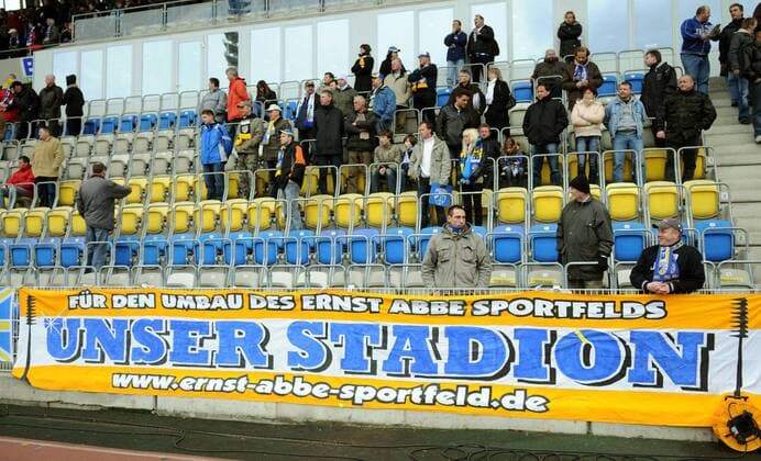 Plakat der Bürgerinitiative Unser Stadion für den Umbau des Ernst Abbe Sportfeldes Fußball Herren 3. Liga 2008 2009, FC Carl Zeiss Jena Totale Jena