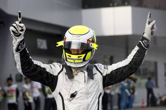 Jenson Button (England Brawn GP) auf der Pole Position beim GP von Malaysia 2009 Motorsport Grand Prix Herren Großer Preis von Malaysia 2009, Formel 1 Weltmeisterschaft, F1, F, GP, WM, Einzelbild Kuala Lumpur Sepang Freude,