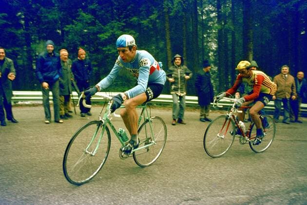 Felice Gimondi (Bianchi Faema, li.) vor Fausto Bertoglio (Selle Royal Inoxpran beide Italien) -  Radsport Herren Giro d Italia 1978, dItalia, Straßenradsport, Straße, Rad, Gruppe 17. Etappe: Cavalese - Monte Bondone