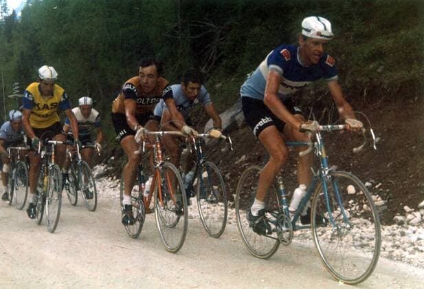 V.re.: Gösta Pettersson (Schweden Ferretti), Felice Gimondi (Italien Salvarani), Herman van Springel (Belgien Molteni), Francisco Galdos Gauna (Spanien Kas Kaskol) -  Radsport Herren Giro d Italia 1971, dItalia, Straßenradsport, Straße, Rad, Gruppe