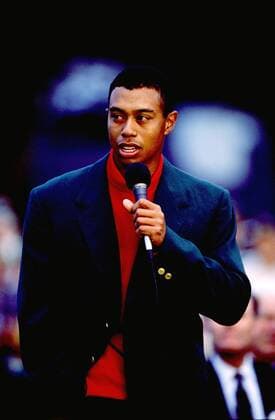 Sieger Tiger Woods (USA) - Ansprache bei der Siegerehrung des Masters Tournament 1997 - (Icon5020228) Golf Herren Masters Tournament 1997, PGA Tour Einzelbild Augusta EDITORIAL USE ONLY