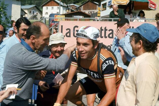 Eddy Merckx (Belgien Molteni, Mitte) -  Radsport Herren Giro d Italia 1976, dItalia, Straßenradsport, Straße, Rad, Gruppe Aufnahmedatum geschätzt 20. Etappe: Vigo di Fassa - Terme di Comano
