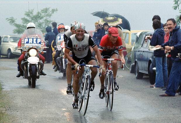 Wladimiro Panizza (Italien Scic) und Michel Pollentier (Belgien Latina Flandria) -  Radsport Herren Giro d Italia 1977, dItalia, Straßenradsport, Straße, Rad, Gruppe dAmpezzo Aufnahmedatum geschätzt 17. Etappa: Conegliano - Cortina d Ampezzo