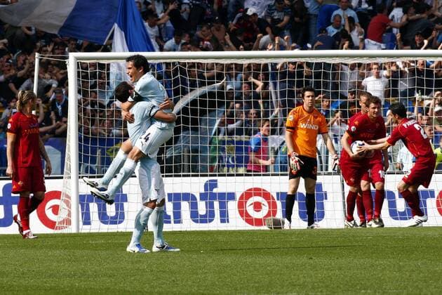 Cristian Ledesma (Lazio Rom, 2.v.li.) bejubelt ein Tor gegen den AS Rom -  Fußball Herren Serie A 2008 2009, 1. Italienische Liga, Lazio Rom - AS Roma 4:2 Totale Derby, Lokalderby, Ortsderby, Stadtderby Rom Begeisterung, Freude,