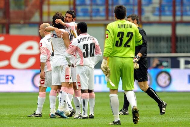 Schlussjubel Palermo -  Fußball Herren Serie A 2008 2009, 1. Italienische Liga, FC Internazionale Mailand - US Palermo 2:2, Inter Gruppe Mailand Freude,