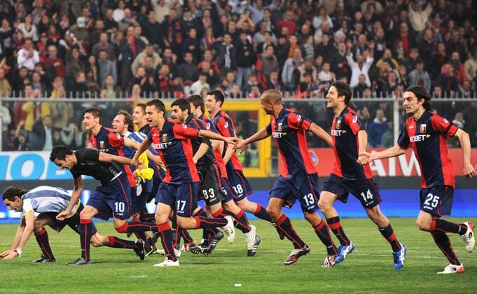 Schlußjubel Genoa CFC -  Fußball Herren Serie A 2008 2009, 1. Italienische Liga, FC Genua 1893 Totale Genua Freude,