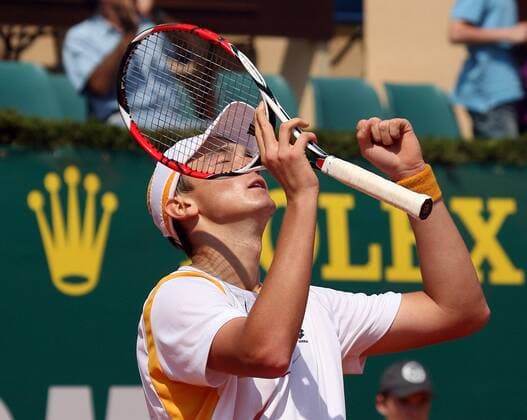 Andreas Beck (Deutschland) jubelt Tennis Herren Monte Carlo Open 2009, ATP Tour Einzelbild Monte Carlo, Monaco Freude, Erschöpfung,