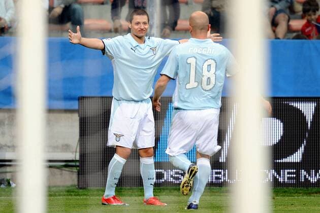 Mauro Zarate (li.) und Tommaso Rocchi (beide Lazio Rom) - Torjubel -  Fußball Herren Serie A 2008 2009, 1. Italienische Liga Gruppe Genua Freude,